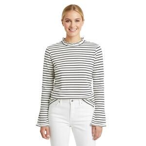 Kaileigh Striped Ruffle Neck Long Sleeve Top White Black Women XS NWOT